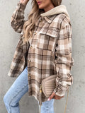 Plaid Button Up Jacket with Removable Hood - CELIVINE