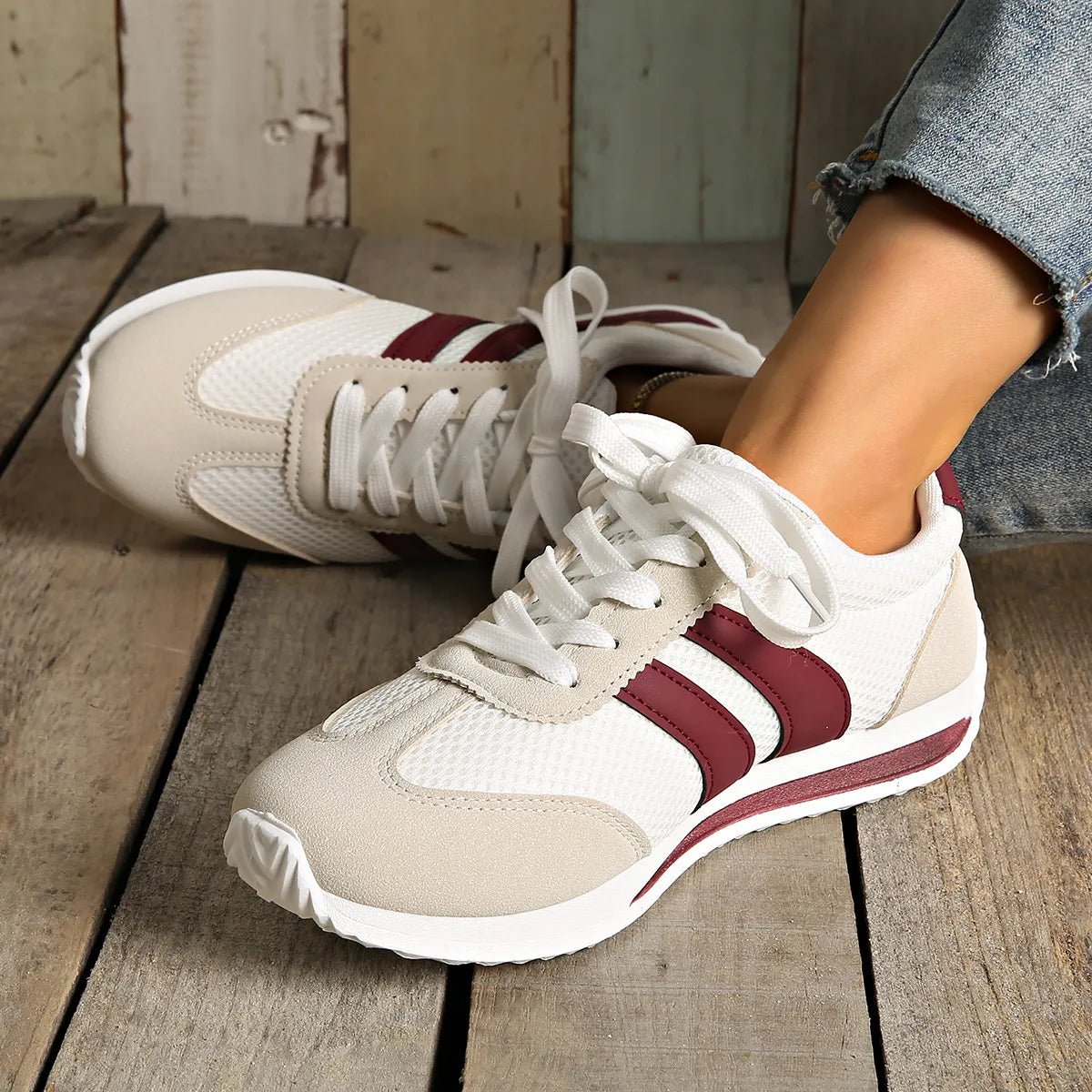 Striped Contrast Mesh Lace Up Sneakers - CELIVINE