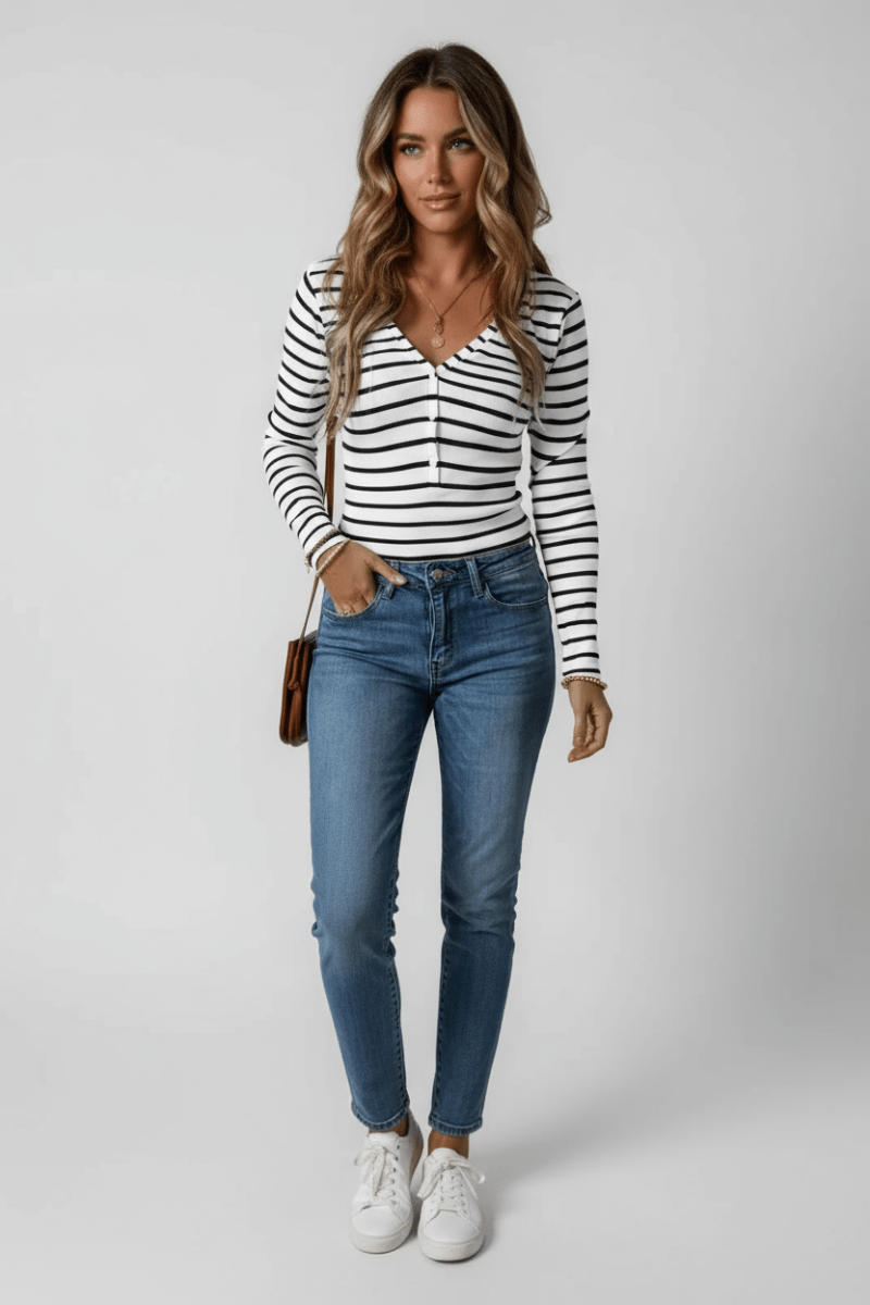 Striped V - Neck Long Sleeve Top - CELIVINE