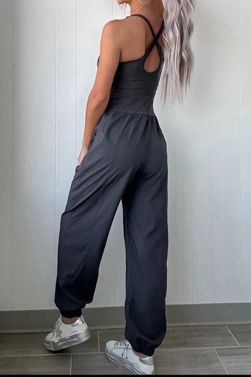 Cutout Square Neck Wide Strap Active Jumpsuit - CELIVINE