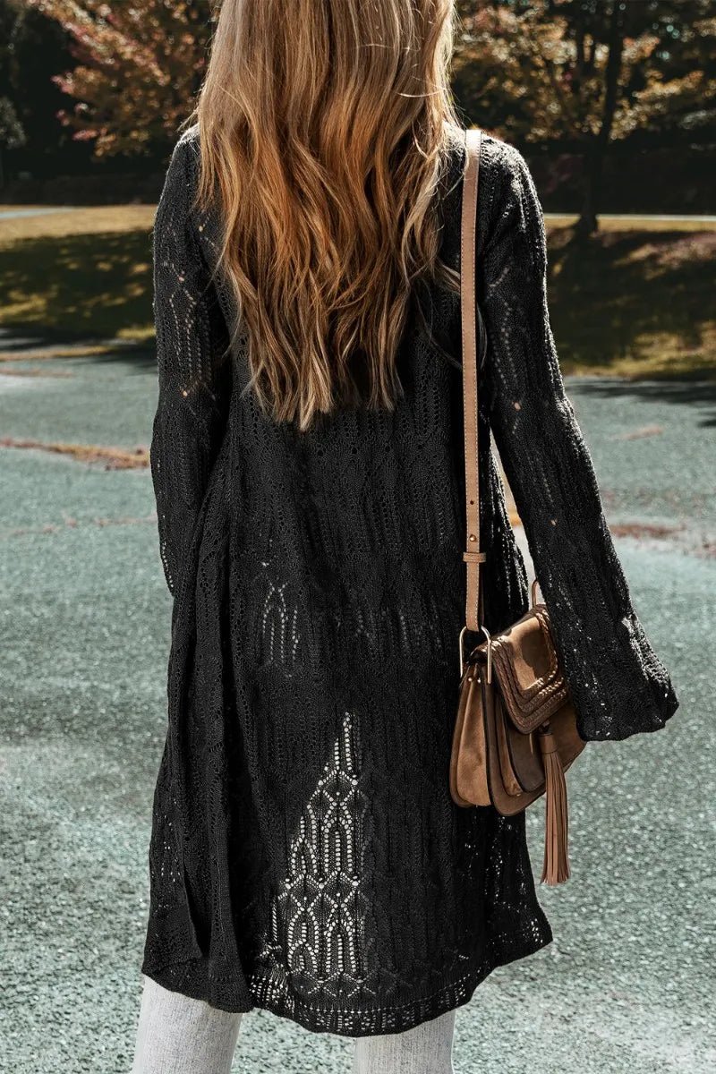 Openwork Open Front Long Sleeve Cardigan - CELIVINE