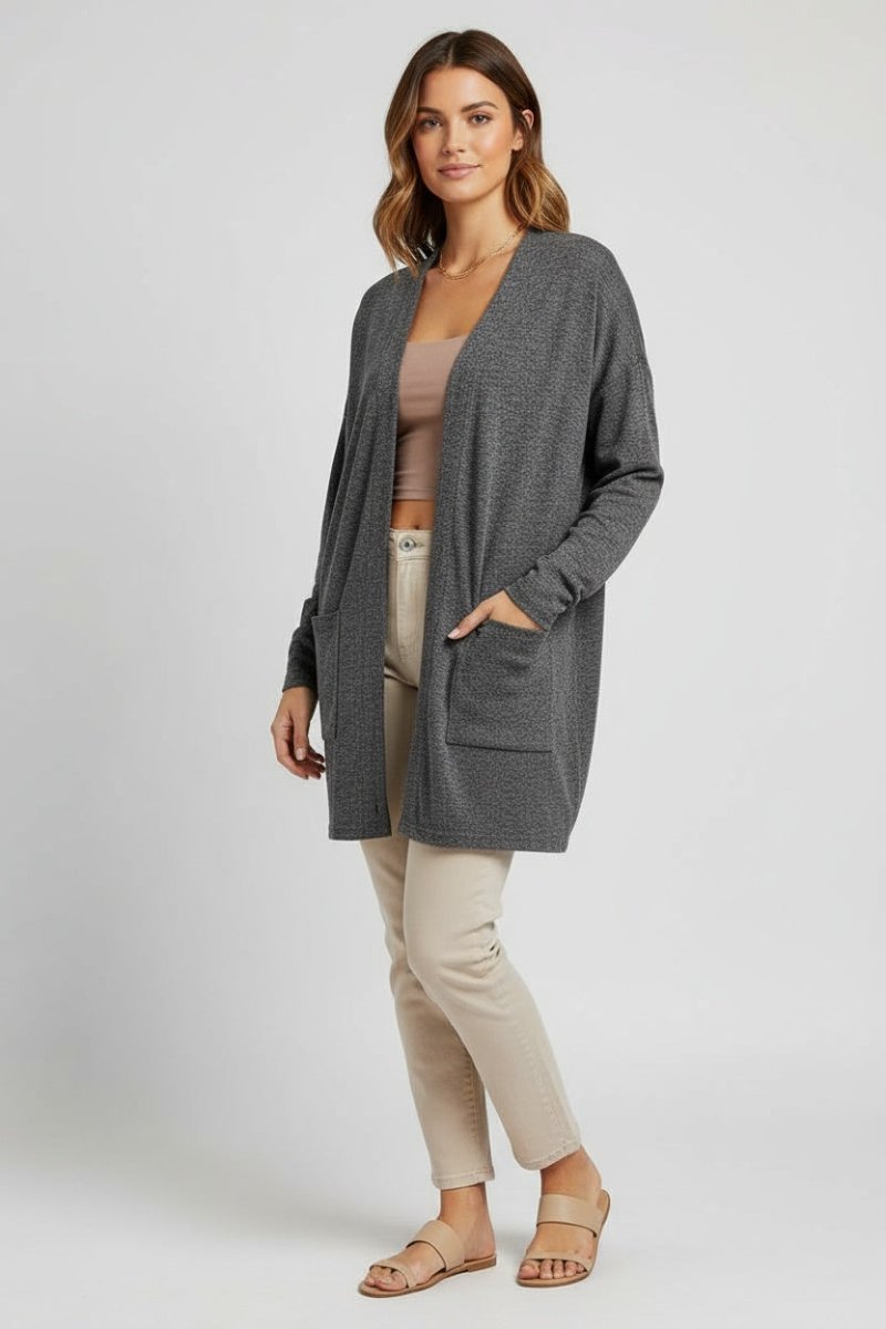 Long Sleeve Dropped Shoulder Cardigan with Pocket - CELIVINE
