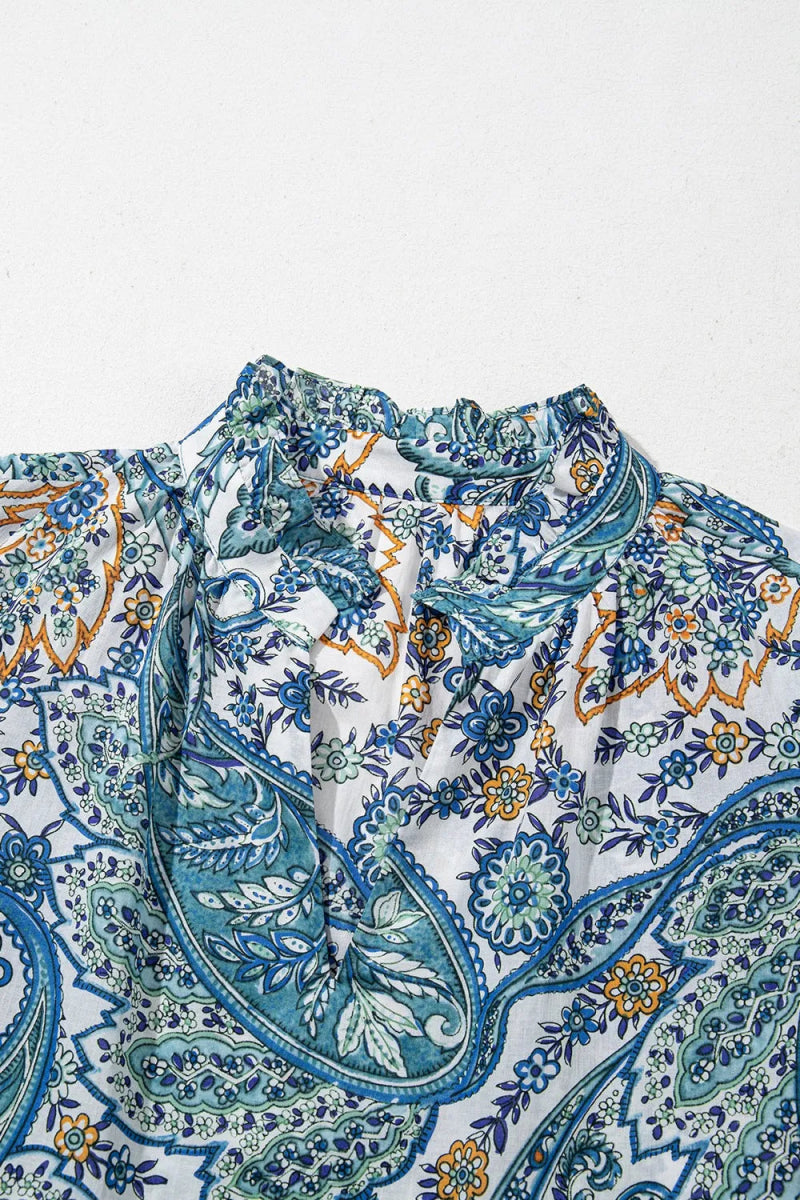 Paisley Floral V Neck Short Sleeve Mini Dress - CELIVINE