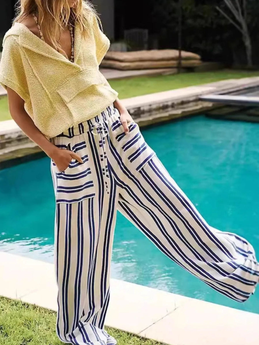 Striped Wide - Leg Drawstring Pants - CELIVINE