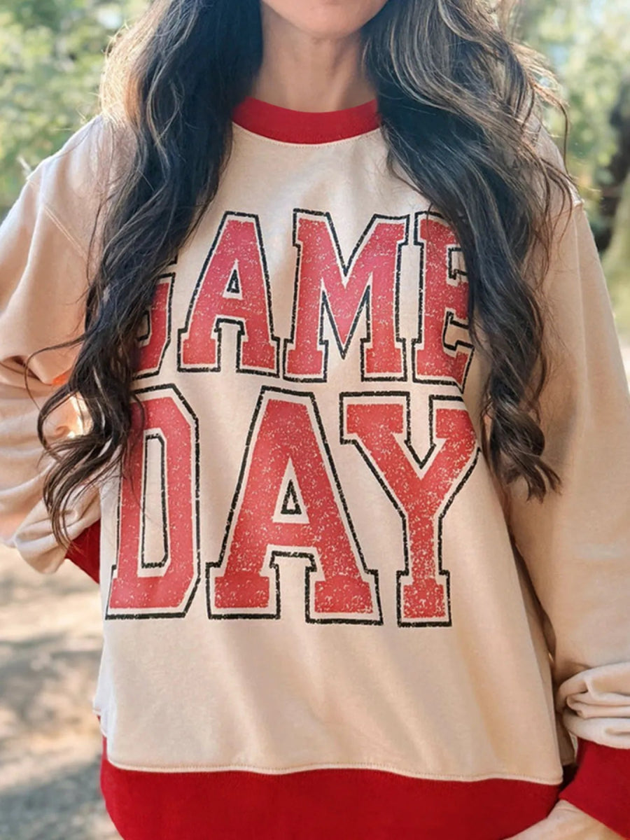 GAME DAY Letter Graphic Round Neck Sweatshirt - CELIVINE