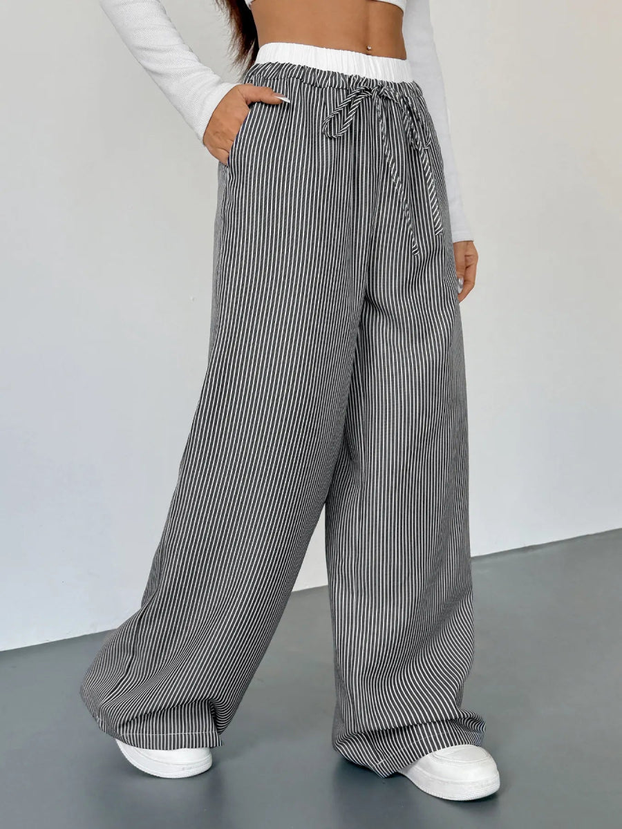 Striped Wide Leg Drawstring Pants - CELIVINE