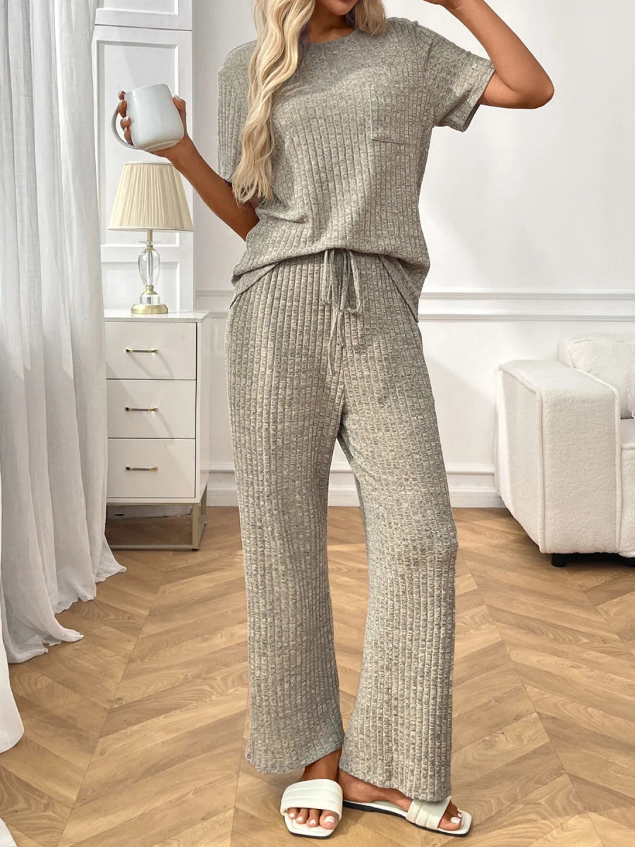 Ribbed Knit Short Sleeve Top and Pants Lounge Set - CELIVINE