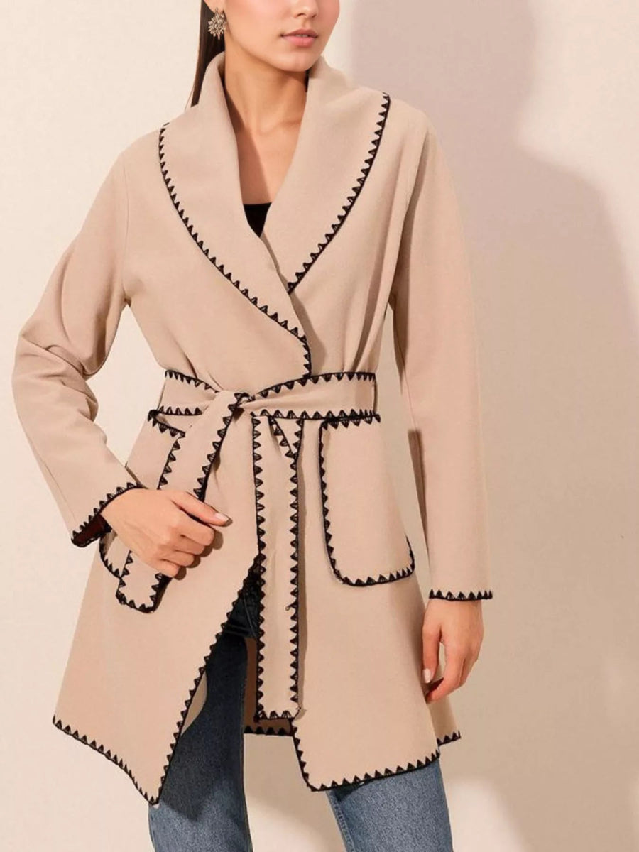 Contrast Trim Tie Waist Outerwear - CELIVINE