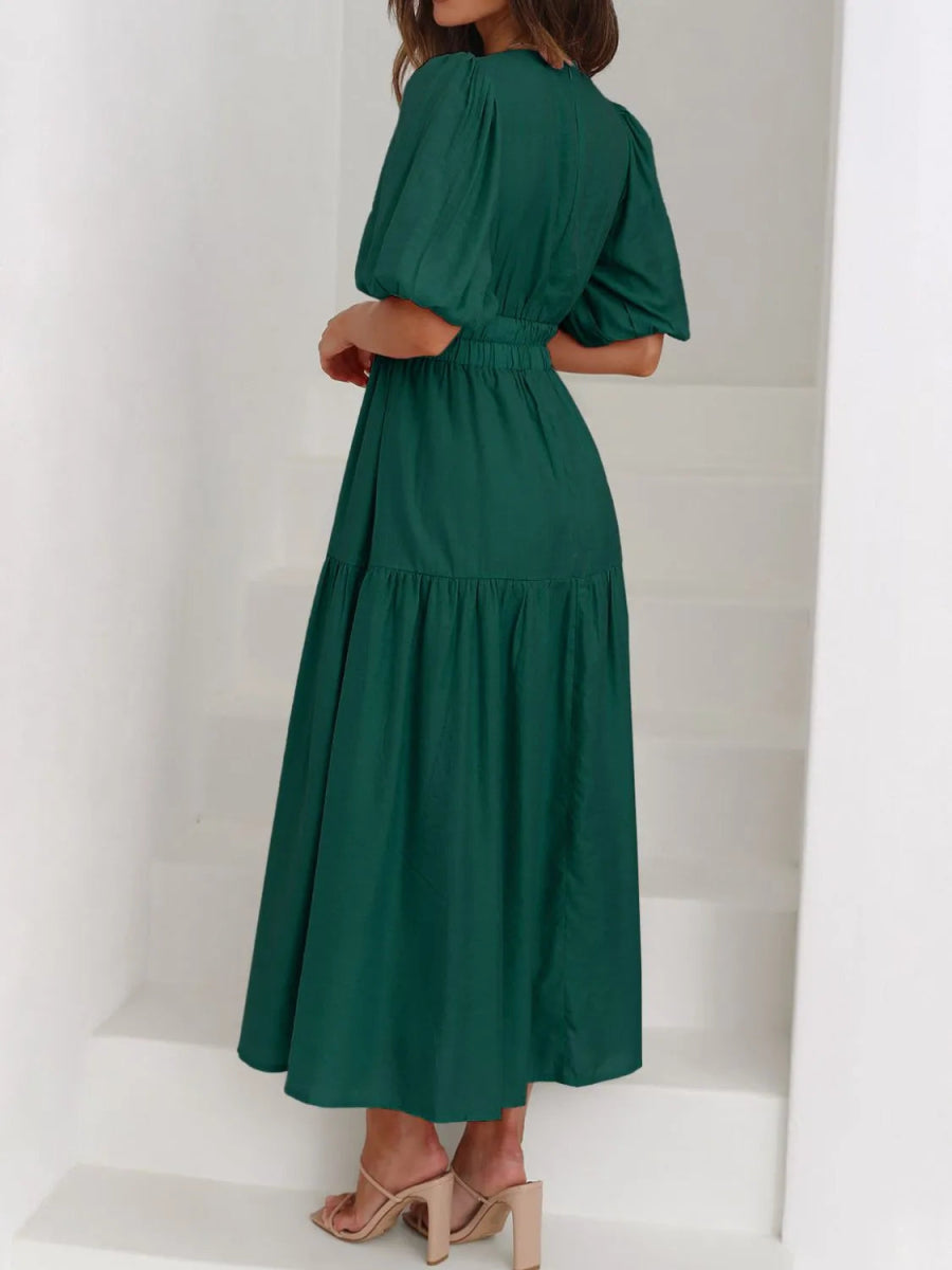 V - Neck Puff Sleeve Midi Dress - CELIVINE