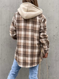 Plaid Button Up Jacket with Removable Hood - CELIVINE