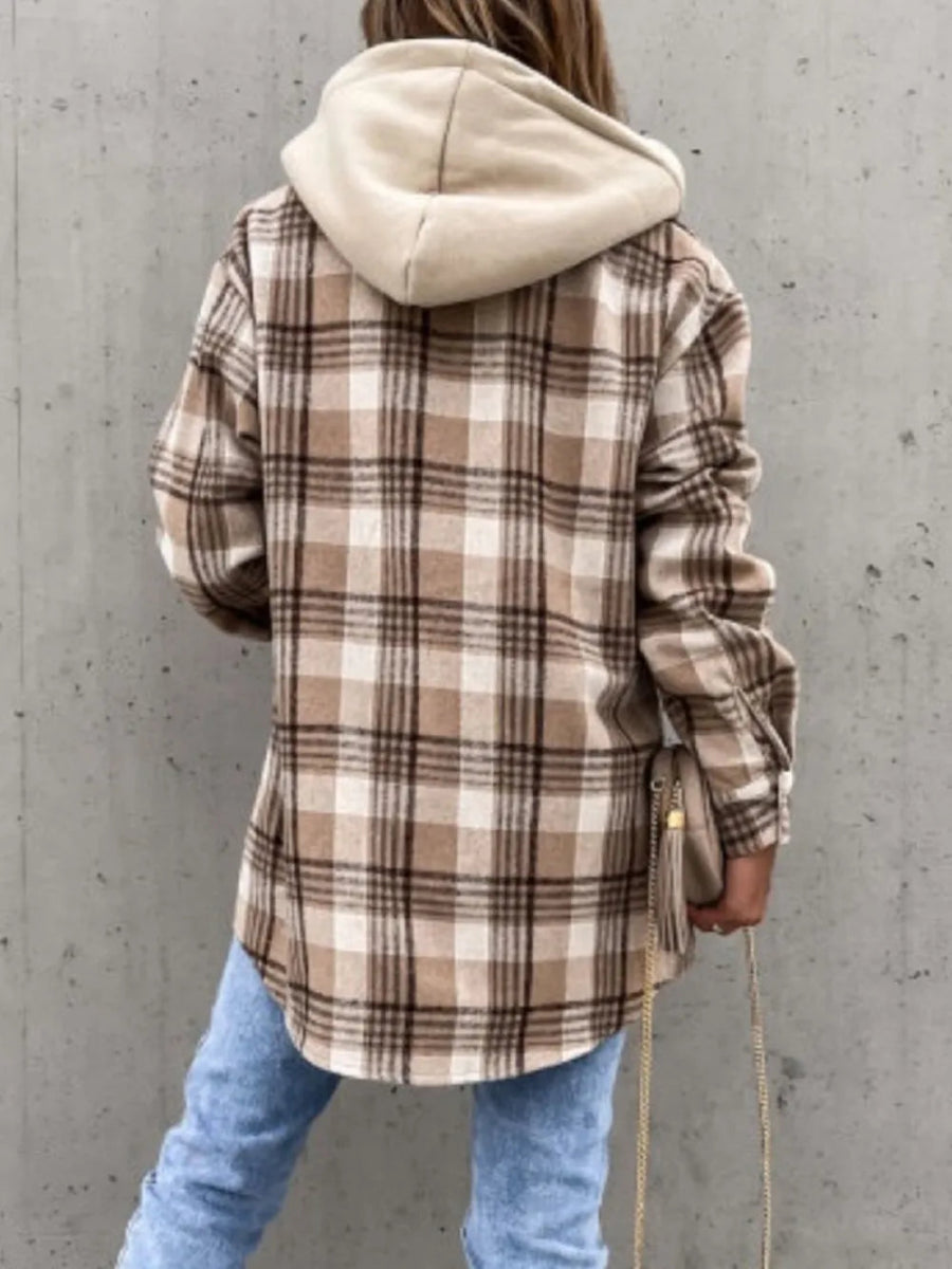 Plaid Button Up Jacket with Removable Hood - CELIVINE