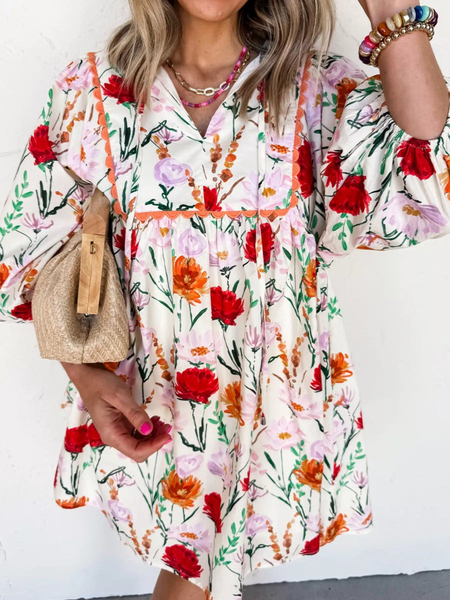 Floral Print 3/4 Sleeve Mini Dress - CELIVINE