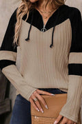 Drawstring Quarter Zip Contrast Long Sleeve Hoodie - CELIVINE