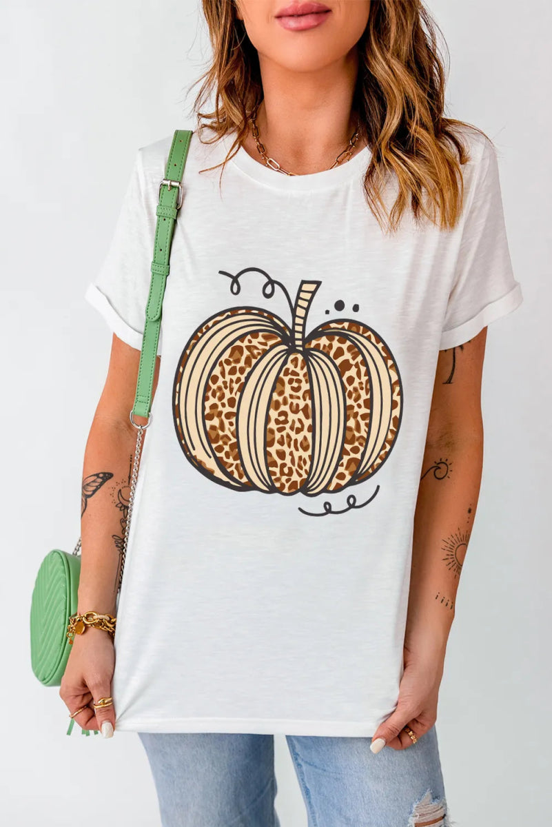 Pumpkin Round Neck Short Sleeve T-Shirt - CELIVINE