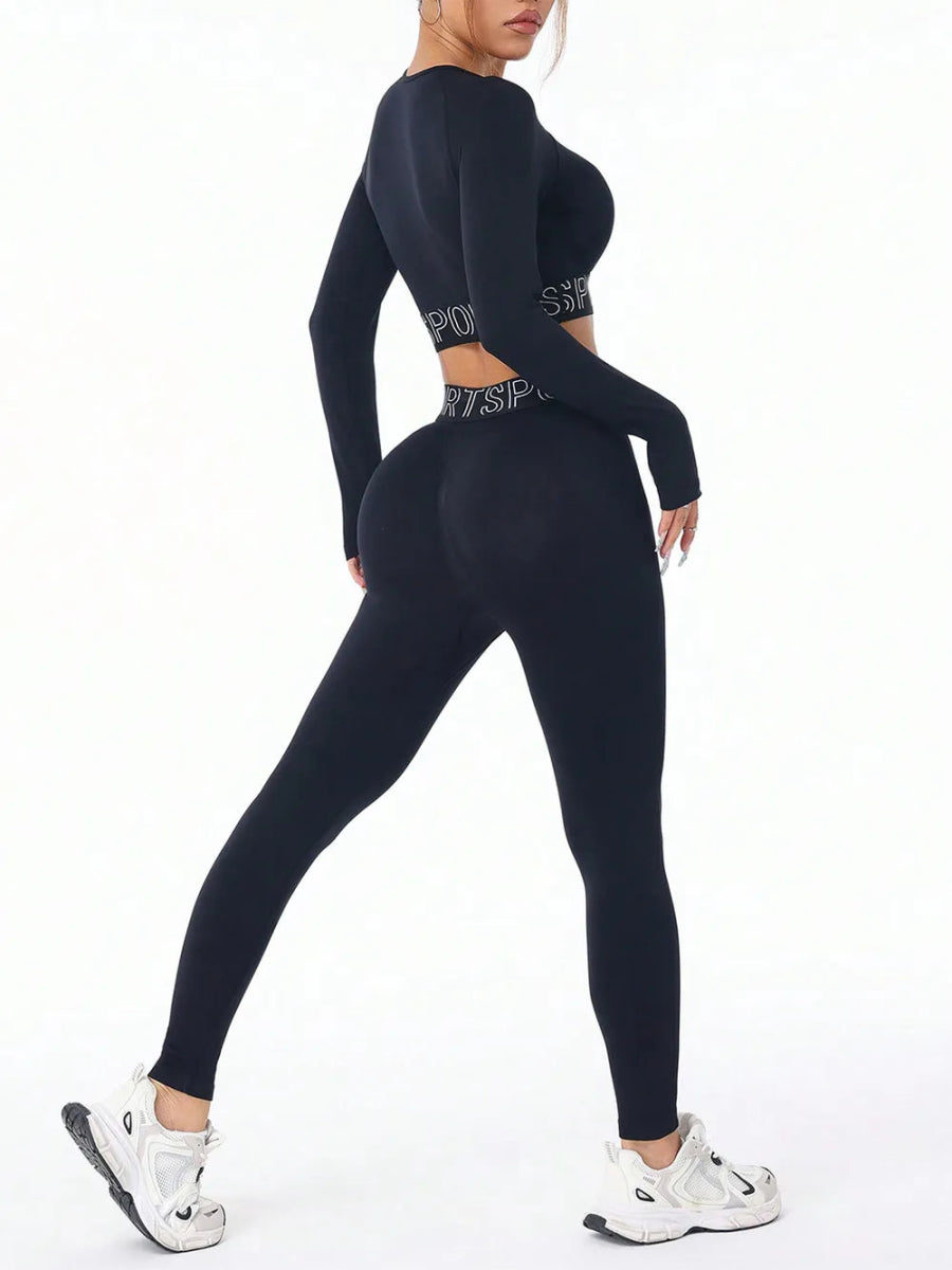 Letter Print Round Neck Long Sleeve Top and Leggings Active Set - CELIVINE