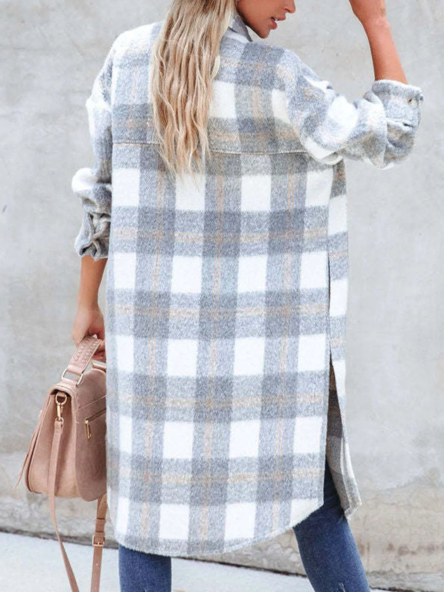 Oversized Plaid Button Up Longline Jacket - CELIVINE