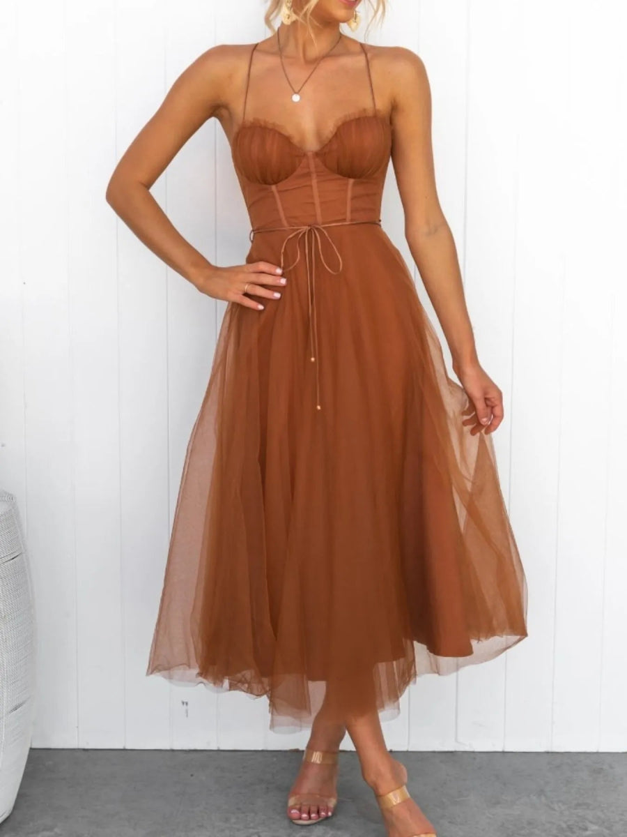 Sweetheart Neck Tulle Midi Dress - CELIVINE