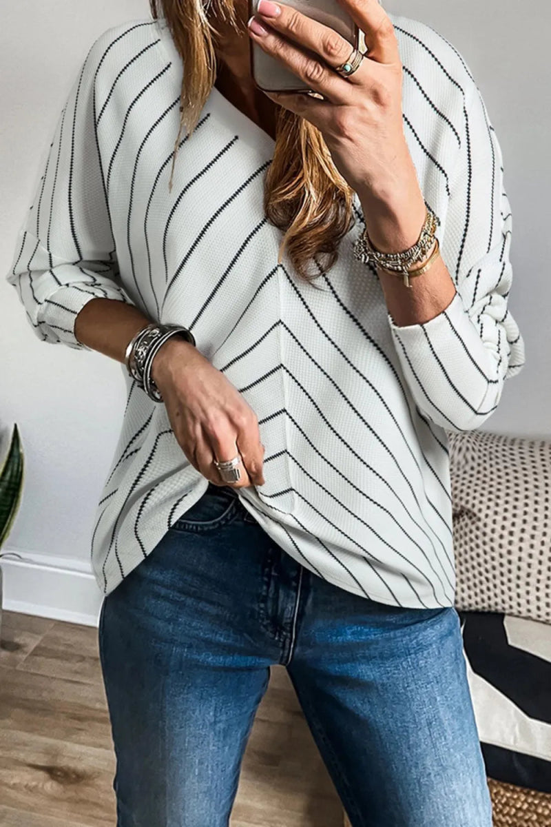 Striped V - Neck Long Sleeve Blouse - CELIVINE