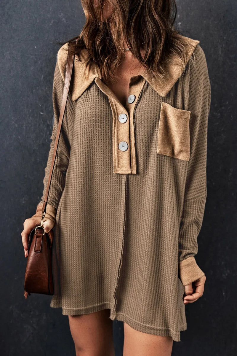 Waffle Knit Button Front Dress - CELIVINE