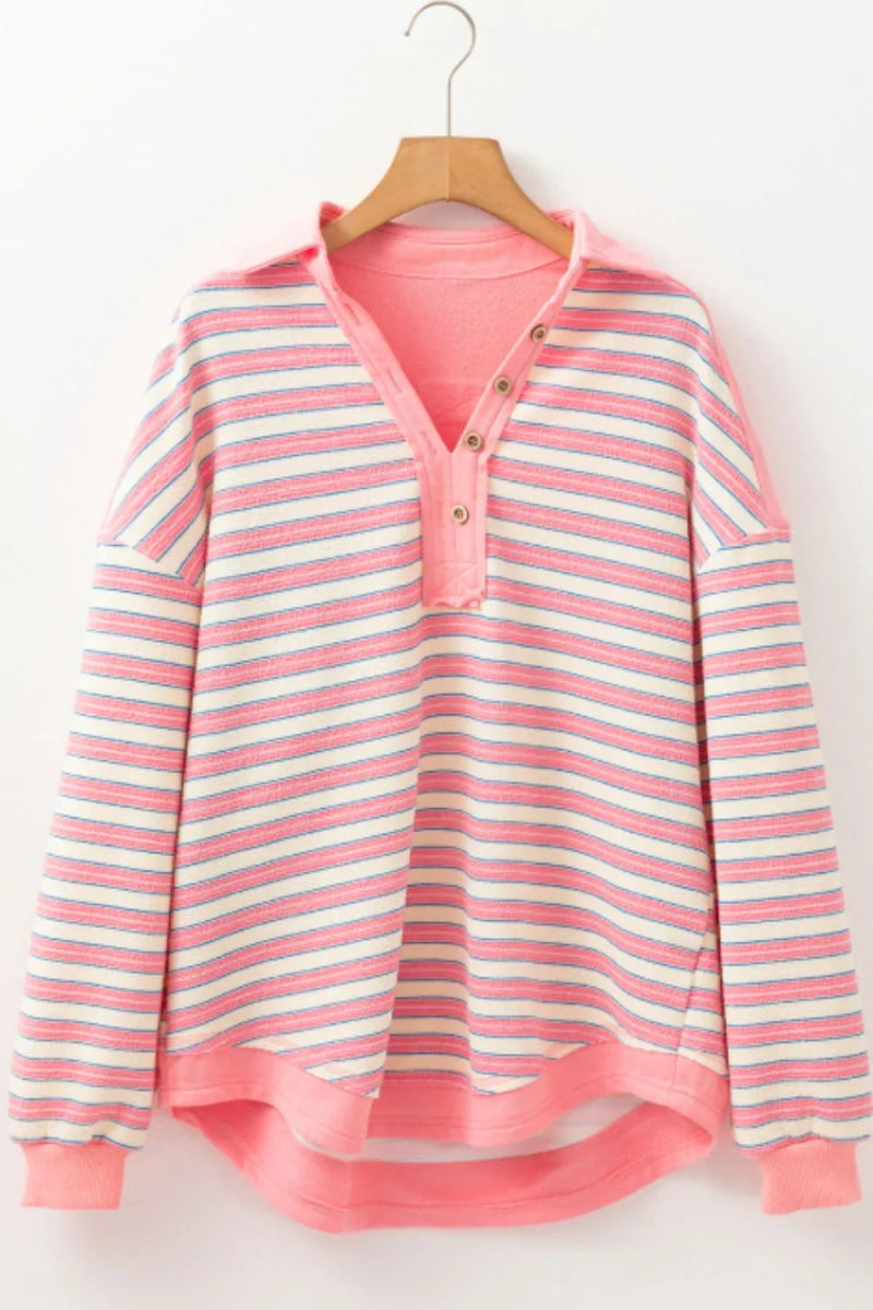 Striped Johnny Collar Long Sleeve Sweatshirt - CELIVINE