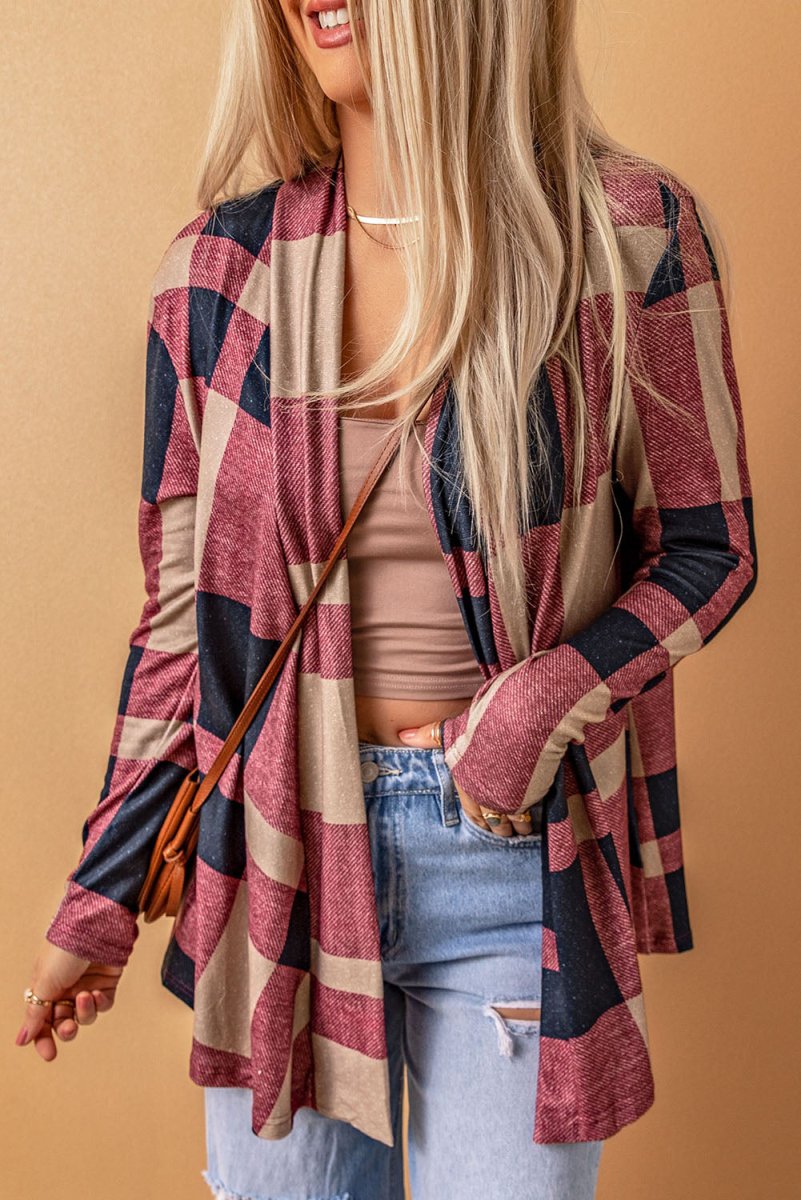 Plaid Open Front Cardigan - CELIVINE