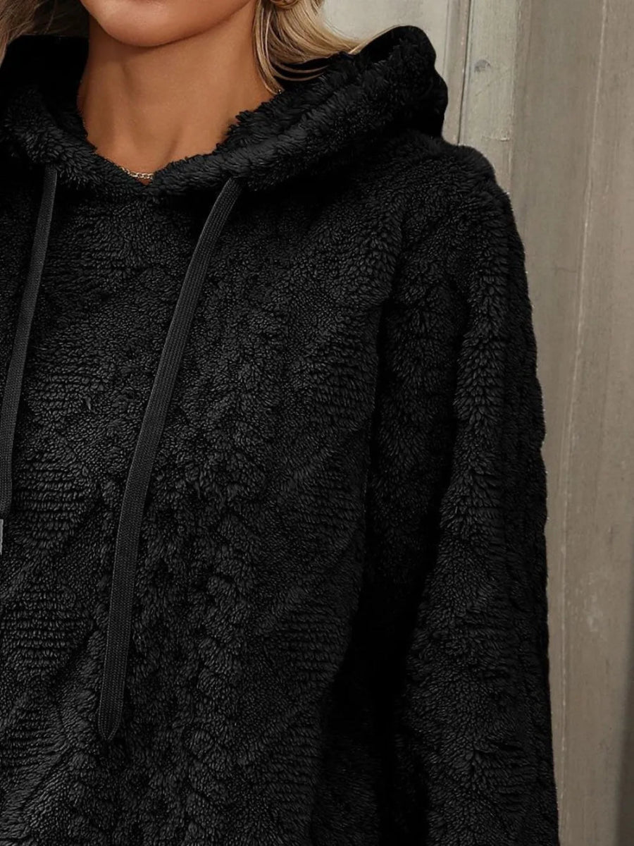 Drawstring Long Sleeve Plush Hoodie - CELIVINE