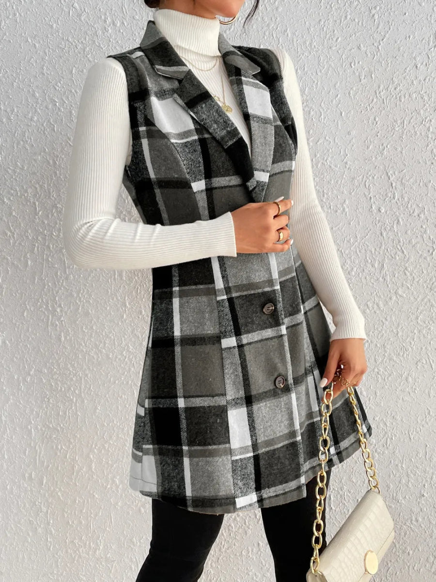 Honey Plaid Button Up Vest Coat - CELIVINE