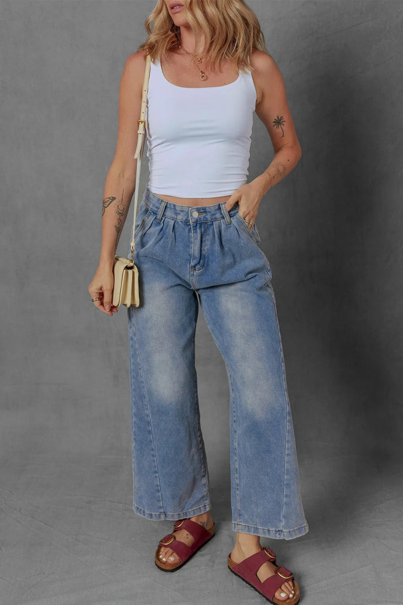 High - Waist Wide Leg Pleated Denim Jeans - CELIVINE