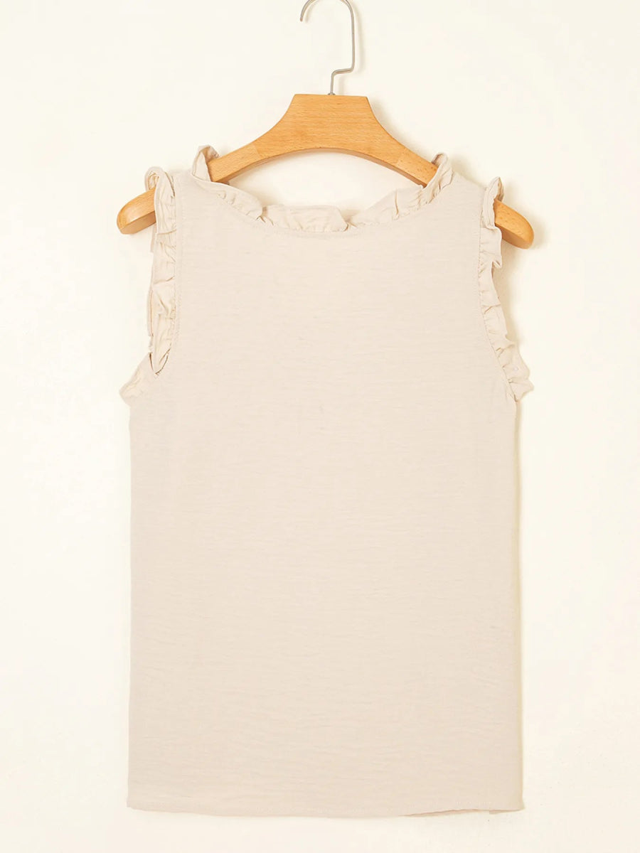 Texture Ruffle Trim V - Neck Tank Top - CELIVINE