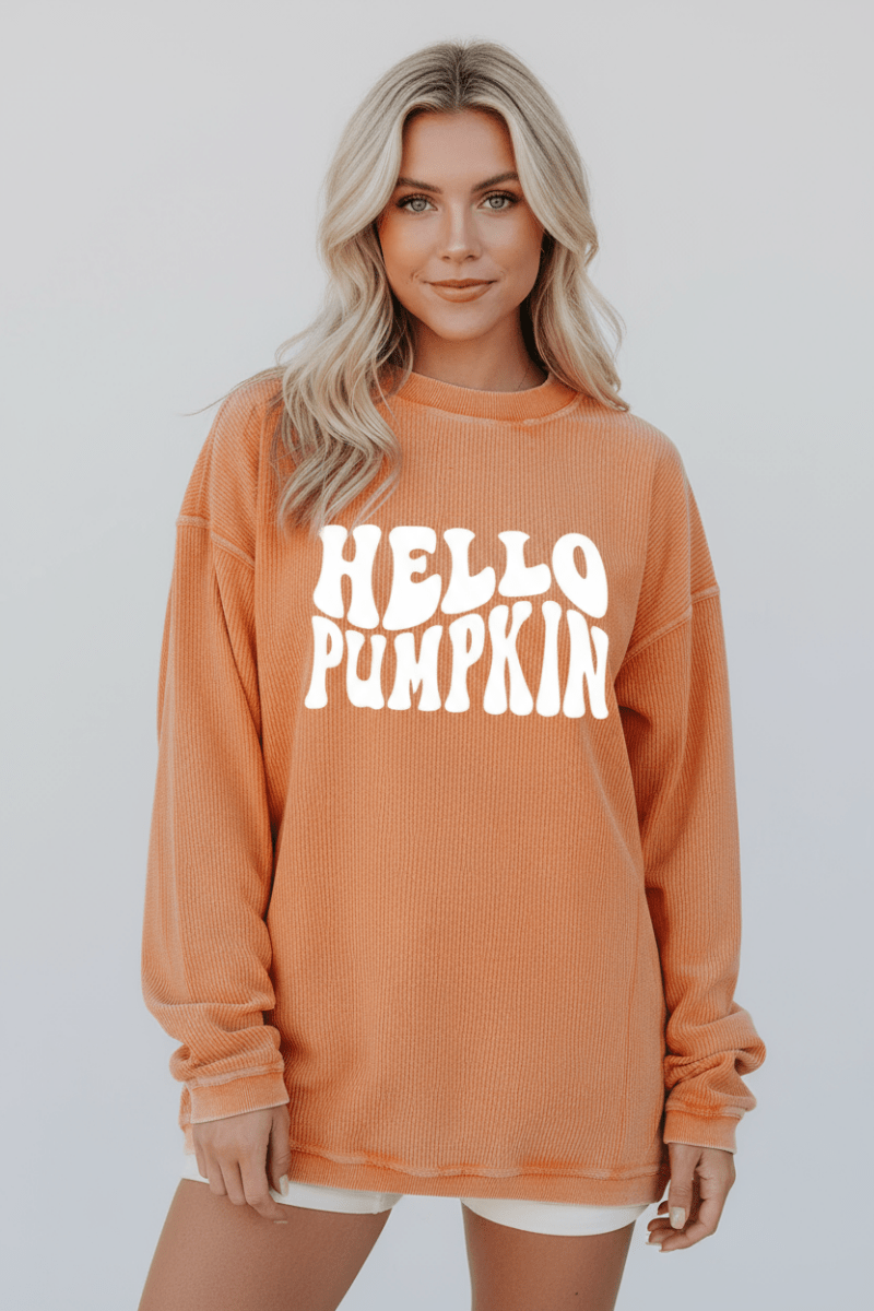 Round Neck Dropped Shoulder HELLO PUMPKIN Graphic Sweatshirt - CELIVINE