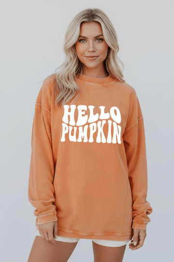 Round Neck Dropped Shoulder HELLO PUMPKIN Graphic Sweatshirt - CELIVINE