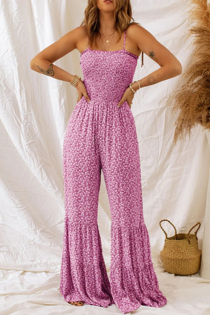 Smocked Printed Wide Strap Jumpsuit - CELIVINE