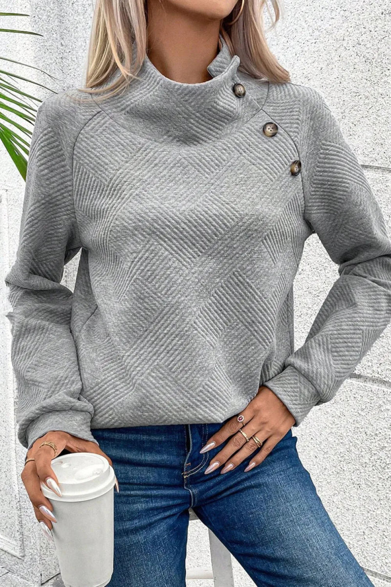 Textured Turtleneck Long Sleeve Sweatshirt - CELIVINE