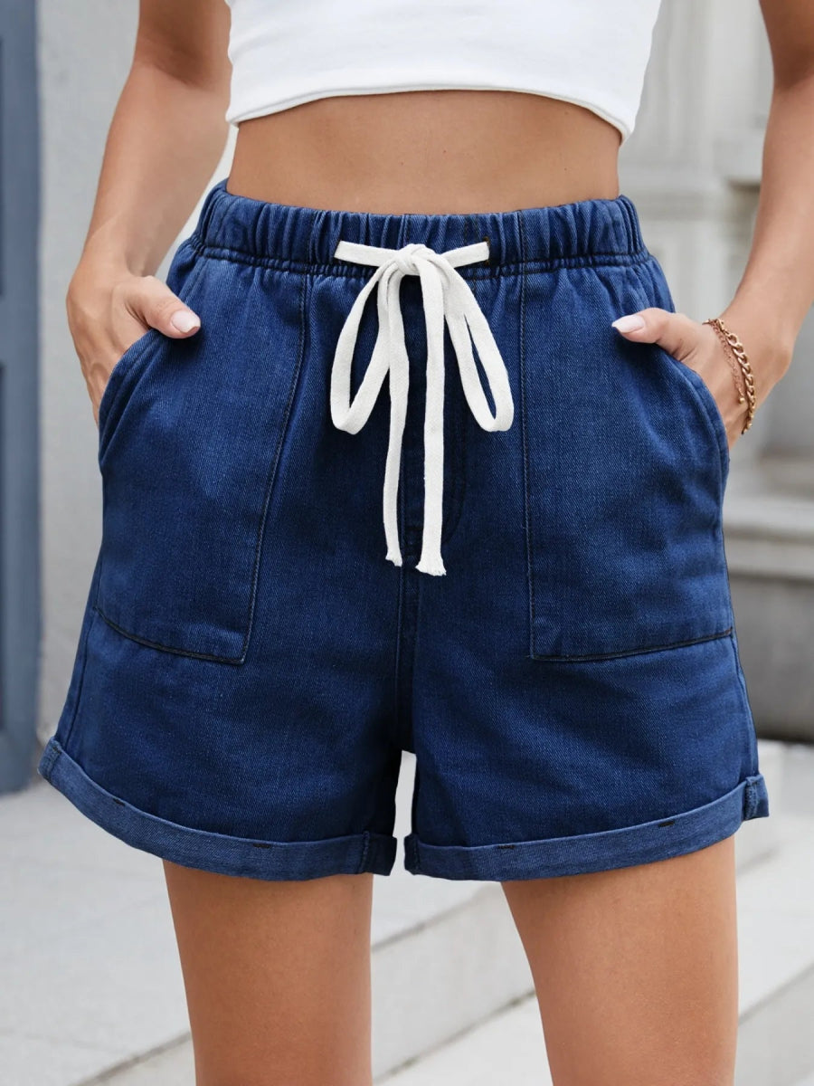 Drawstring Wash Denim Shorts - CELIVINE