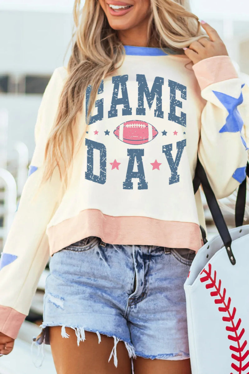 GAME DAY Star Patch Round Neck Long Sleeve Sweatshirt - CELIVINE