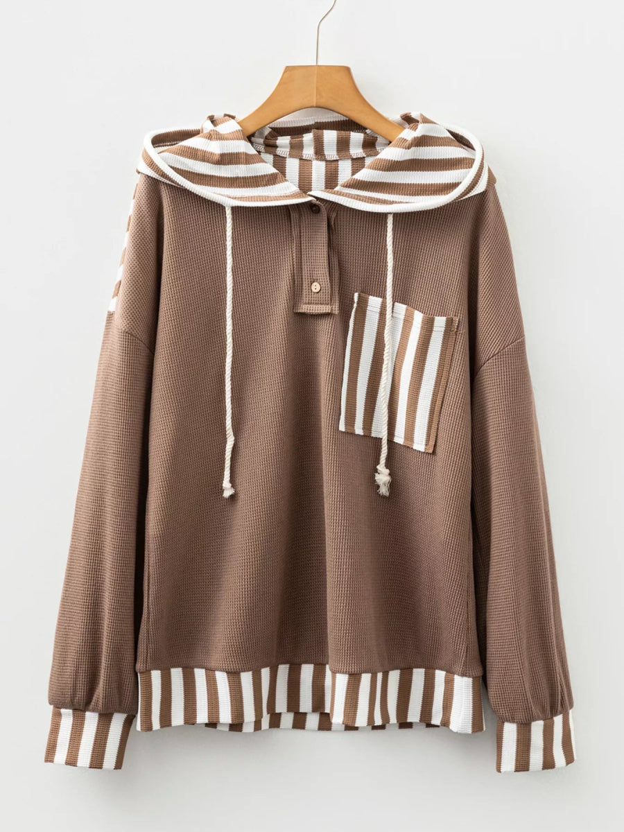 Waffle Texture Striped Patchwork Button Neck Drawstring Hoodie - CELIVINE