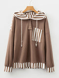 Waffle Texture Striped Patchwork Button Neck Drawstring Hoodie - CELIVINE