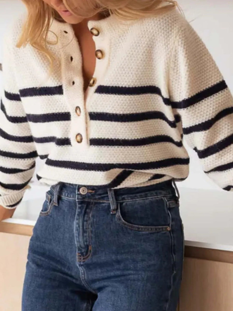 Striped Button - Front Sweater - CELIVINE