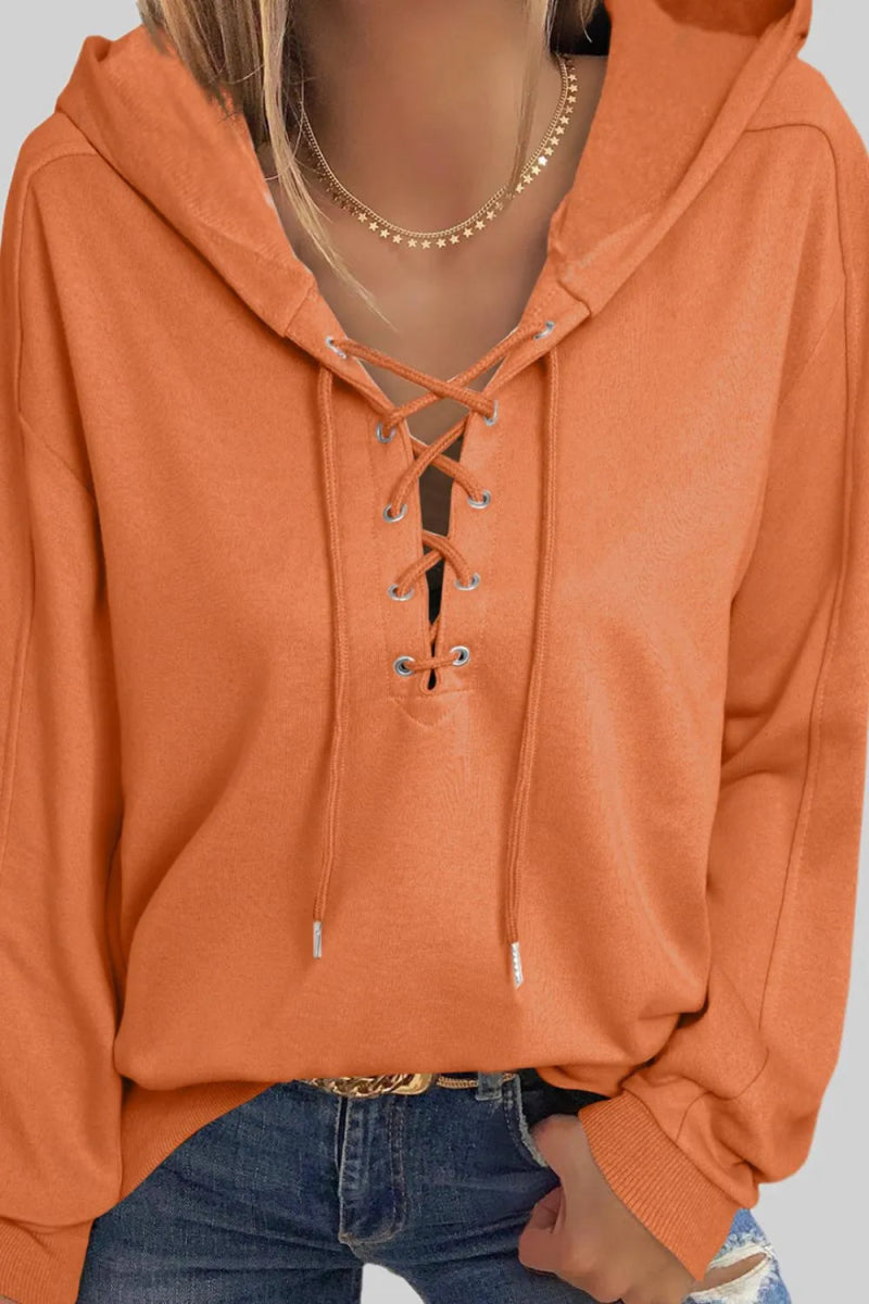 Lace Up Long Sleeve Hoodie - CELIVINE