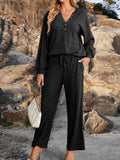 Ribbed Knit Top and Pants Lounge Set with Button Detail - CELIVINE