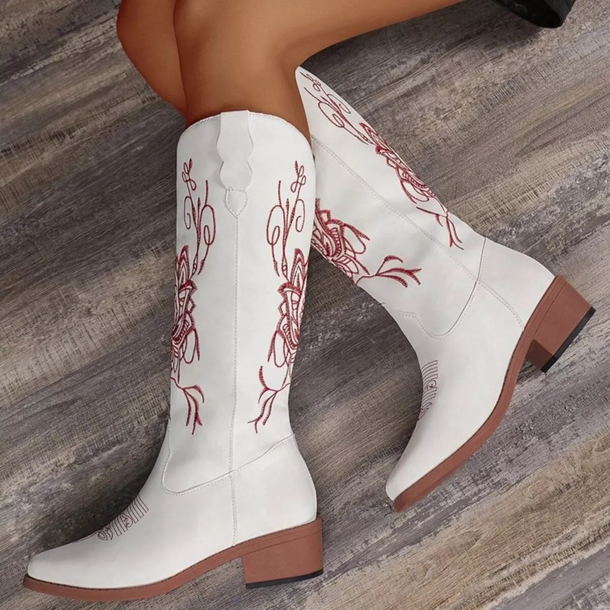 Embroidered Block Heels Boots - CELIVINE