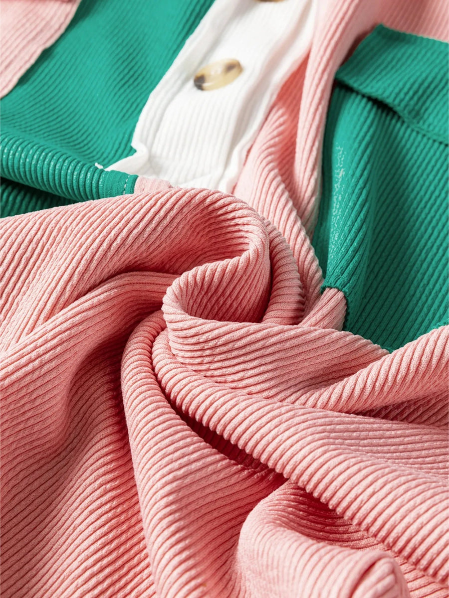 Color Block Button Front Collared Neck Sweatshirt - CELIVINE