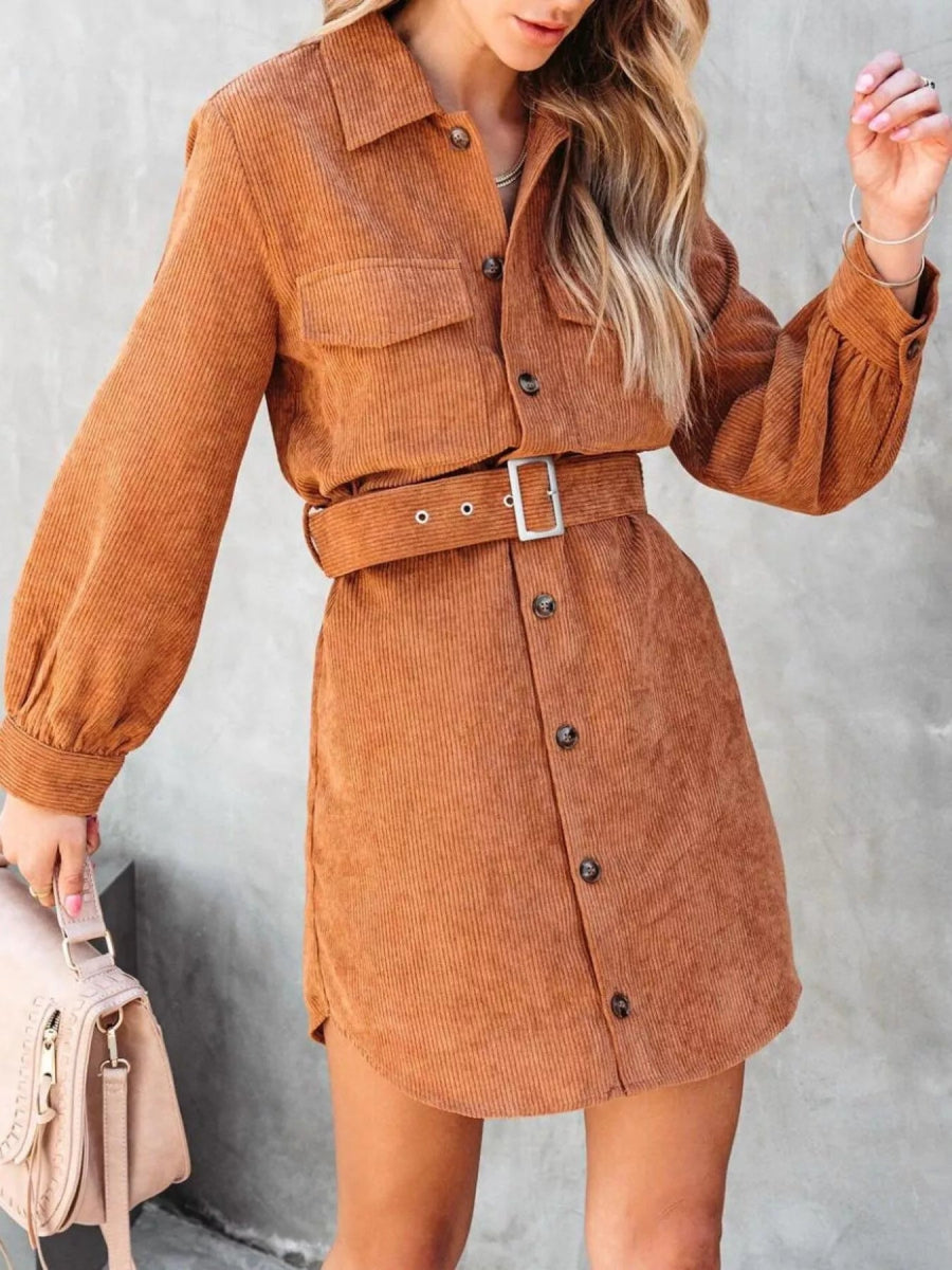 Button Front Belt Long Sleeve Corduroy Dress - CELIVINE