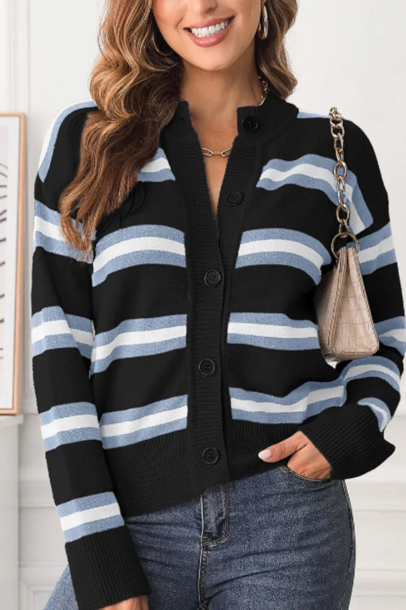Striped Button Down Long Sleeve Cardigan - CELIVINE