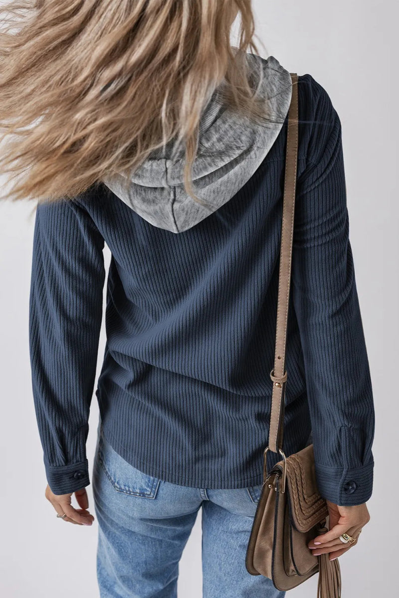 Drawstring Button Up Long Sleeve Hooded Jacket - CELIVINE