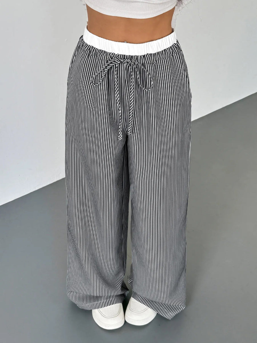 Striped Wide Leg Drawstring Pants - CELIVINE