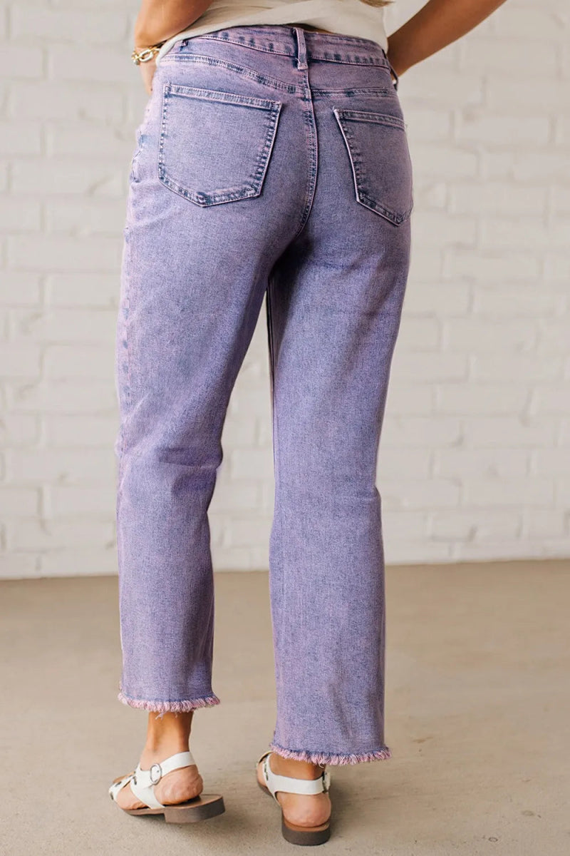 Washed Raw Hem Cropped Jeans - CELIVINE