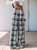 Perfee Drawstring Plaid Wide Leg Pants - CELIVINE