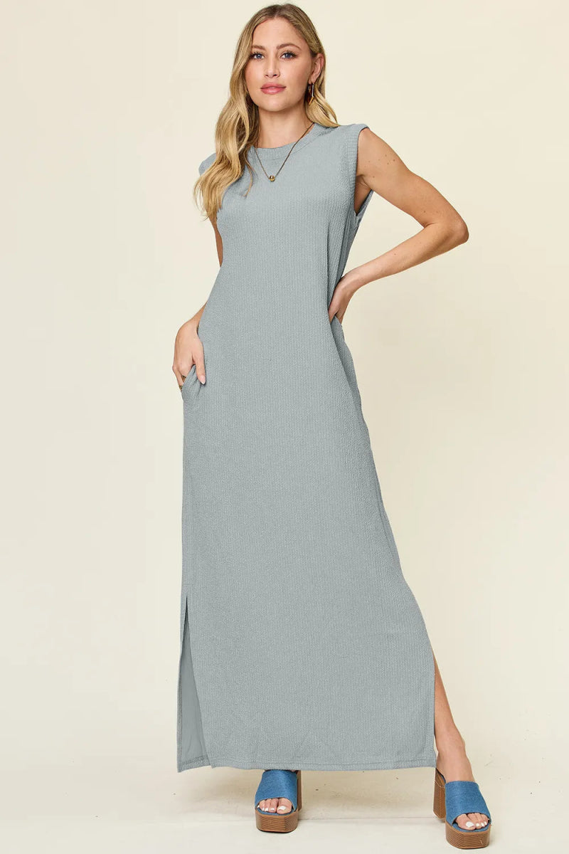 Double Take Full Size Texture Mock Neck Sleeveless Maxi Dress - CELIVINE