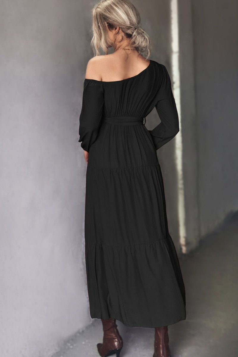 Belted One - Shoulder Tiered Maxi Dress - CELIVINE